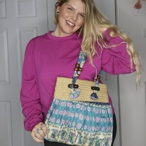 RACHEL Boho Colorful Bandana & Straw Detail Bag